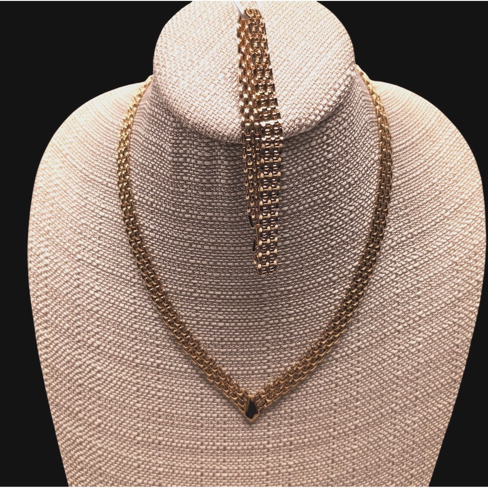 Vtg Brick Link Chevron Necklace Bracelet Set Gold Tone Costume Fashion Jewelry